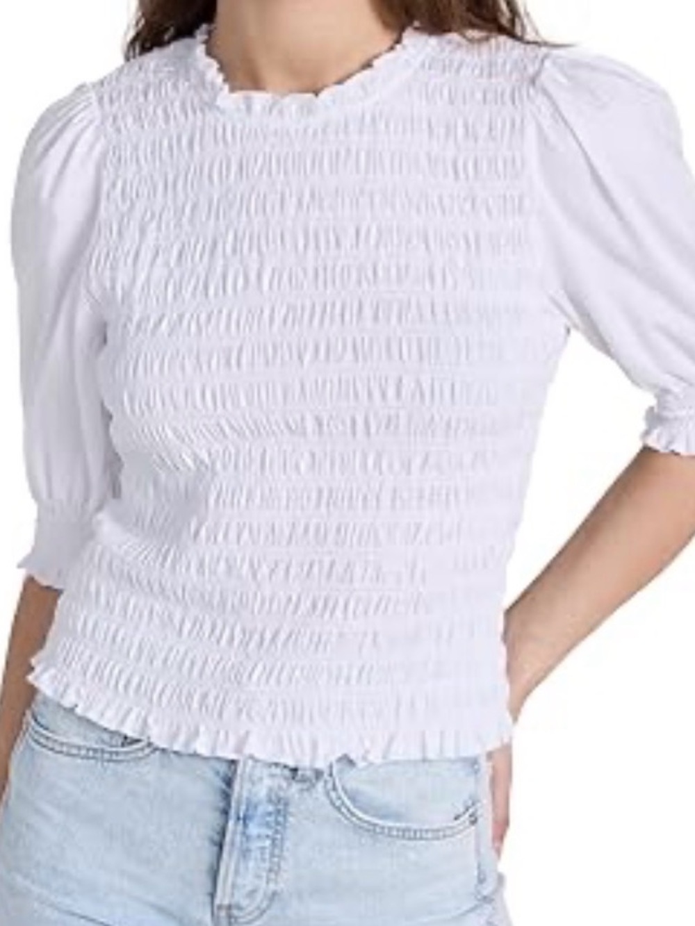 Veronica Beard White Smocked Puff Sleeve Blouse